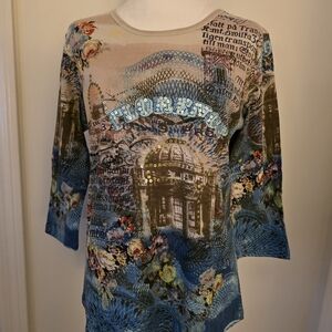 Christopher & Banks Blue Graphic Long Sleeve Top
